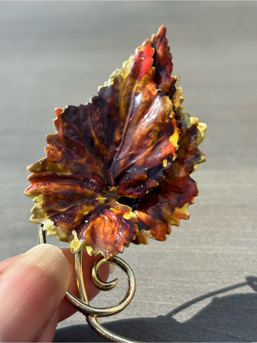 Vintage Signed Coro Enamel Gold Tone Autumn Leaf Brooch in Brown and Gold Tones